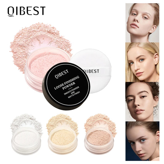 QIBEST 4 Colors Loose Powder Waterproof Oil-Control Matte Finish Compact Setting Powder Long-Lasting Invisible Pores Face Makeup