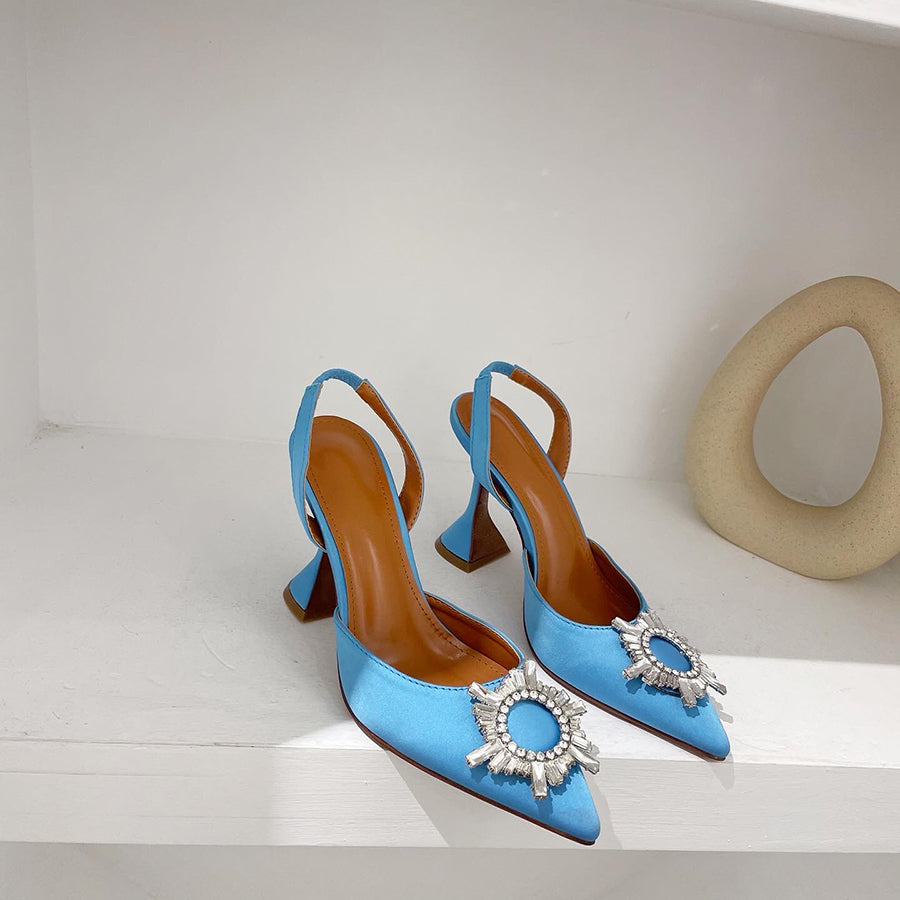 Aneikeh Brand Women Silk High Heels Luxury Crystal Butterfly Knot High Heels Summer Pointed Shoes Triangle Heeled Bride Pumps