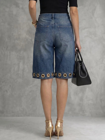 Bonboho Women's Eyelet Trim Denim Shorts Mid Blue High Waisted Wide Leg Bermuda Style Short Jeans 2026 New Streetwear Pants