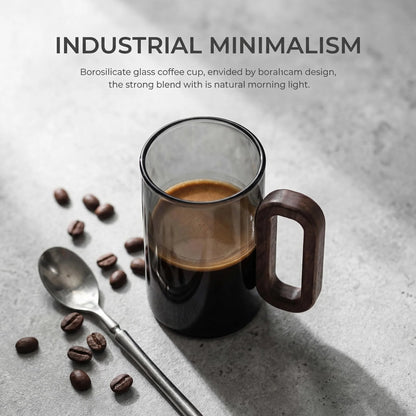 6pcs Borosilicate Glass Coffee Mug with Walnut Handle - 12oz Elegant Black Tumbler for Hot & Cold Drinks, Modern Office Tea Cup, Dishwasher Safe, 2.76" Diameter (360ml)