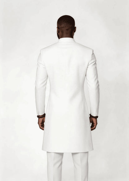 Men’s Solid White Gold Chain Decor Asymmetrical Formal Wear Set Stand Collar 2 Piece Wedding Groom Tunic Jacket & Pants Prom Hom