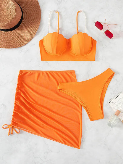 2025 New Sexy Three-piece Bikini Women Solid Drawstring Skirt Swimsuit Sling Backless Swimwear Tight Gathered Beach Bathing Suit