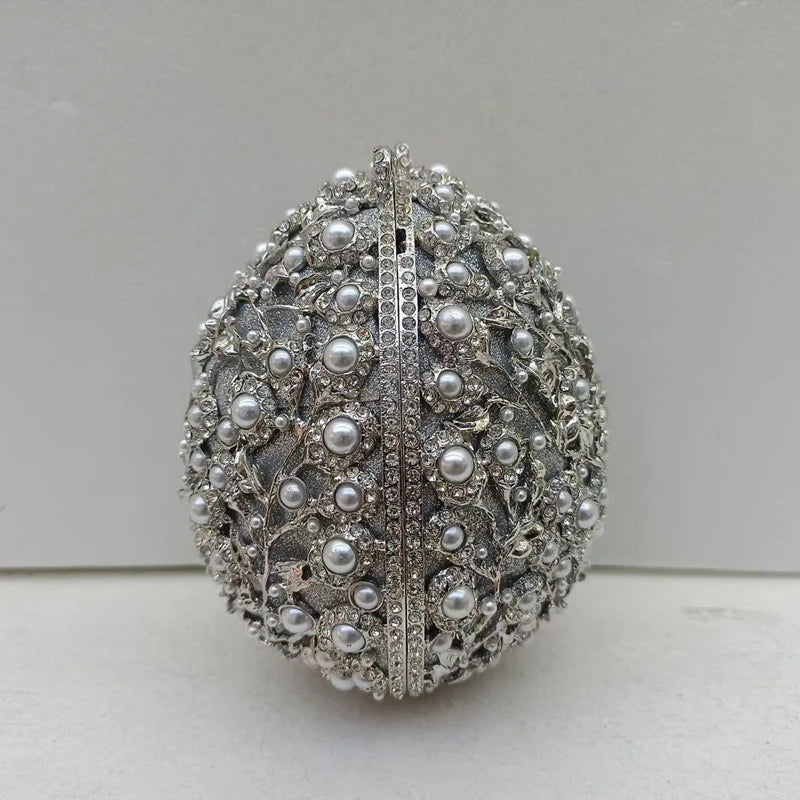 XIYUAN Female Oval Shaped Diamond Evening Bags Lady Hollow-out Metalic Handbags Pearl Wedding Party Clutches Gold Crystal Purse