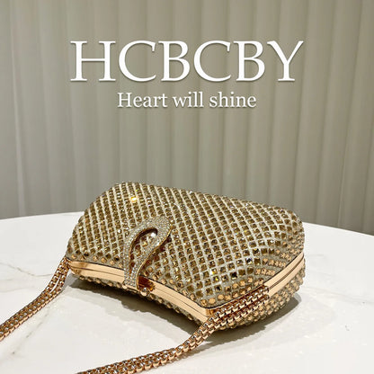 Gold sparkling luxury full diamond box dinner bag, women's fashion temperament high-end handbag clutch