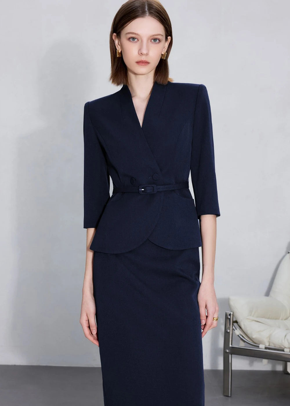 Two-Piece Suit For Women, Navy Blue Luxury Fashion Workplace Two-Piece Skirt Set, Minimalist Elegant Three-Quarter Sleeve Design