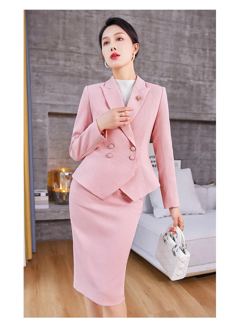 New Arrival Elegant Ladies Formal Skirt Suit Women Orange Blue Pink Long Sleeve Female Blazer Set for Business Work Wear