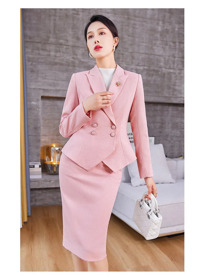 New Arrival Elegant Ladies Formal Skirt Suit Women Orange Blue Pink Long Sleeve Female Blazer Set for Business Work Wear