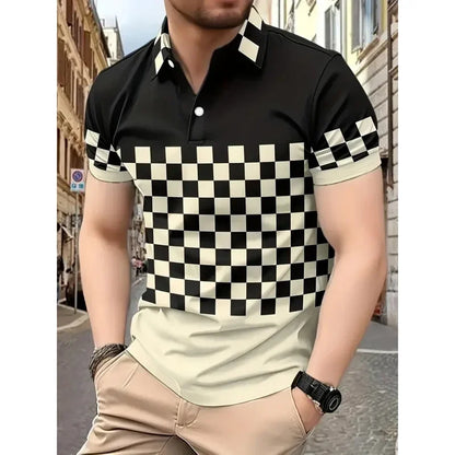 Men's simple checkered polo 3d printed button polo summer short-sleeved top daily street men's wear