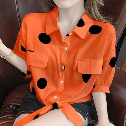 Small Fresh Polka Dot Shirt for Women Summer 2024 New Korean Version Loose Short-Sleeved Top with Lace-Up Chiffon Shirt for Wome