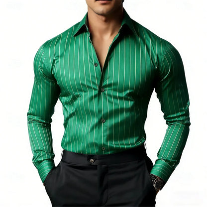 Men's Striped Long-Sleeved Shirt, Business Casual, Versatile, with Lapel Collar and Button Design, Available in 19 Colors.