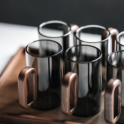 6pcs Borosilicate Glass Coffee Mug with Walnut Handle - 12oz Elegant Black Tumbler for Hot & Cold Drinks, Modern Office Tea Cup, Dishwasher Safe, 2.76" Diameter (360ml)