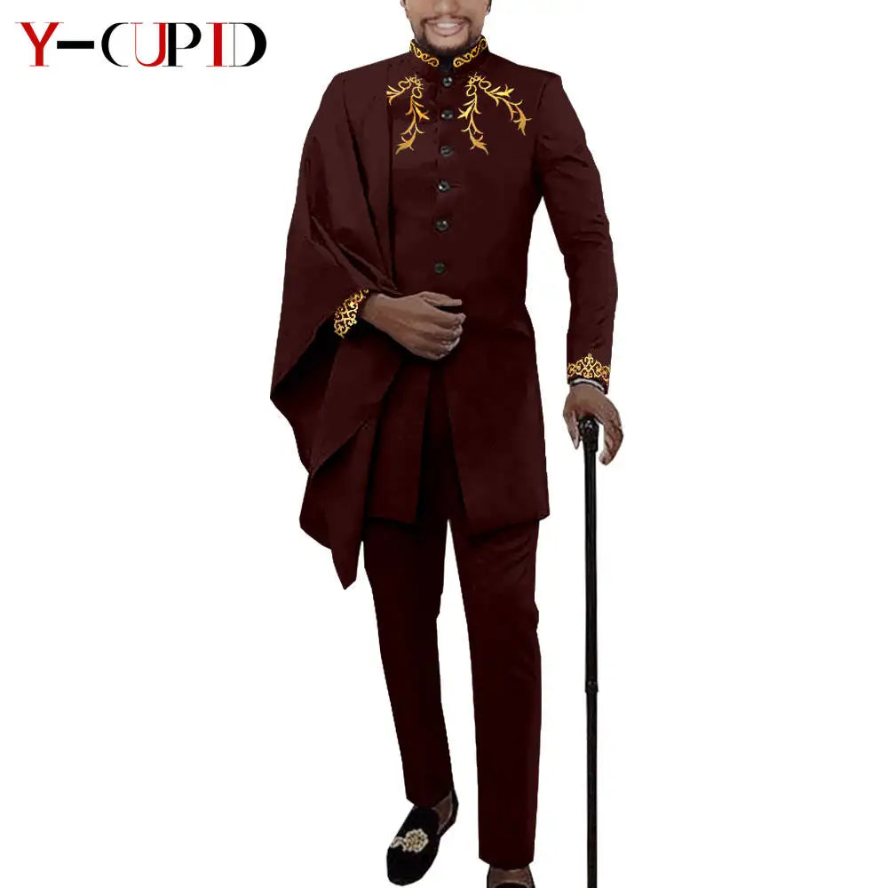 African Couple Matching Clothes for Wedding Women Slim Mermaid Dress Bazin Riche Men Irregular Jacket Pant Sets with Hat Y23C011