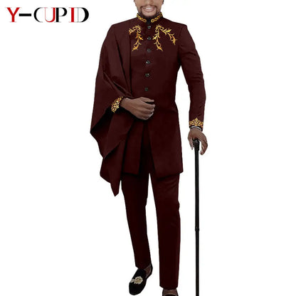 African Couple Matching Clothes for Wedding Women Slim Mermaid Dress Bazin Riche Men Irregular Jacket Pant Sets with Hat Y23C011
