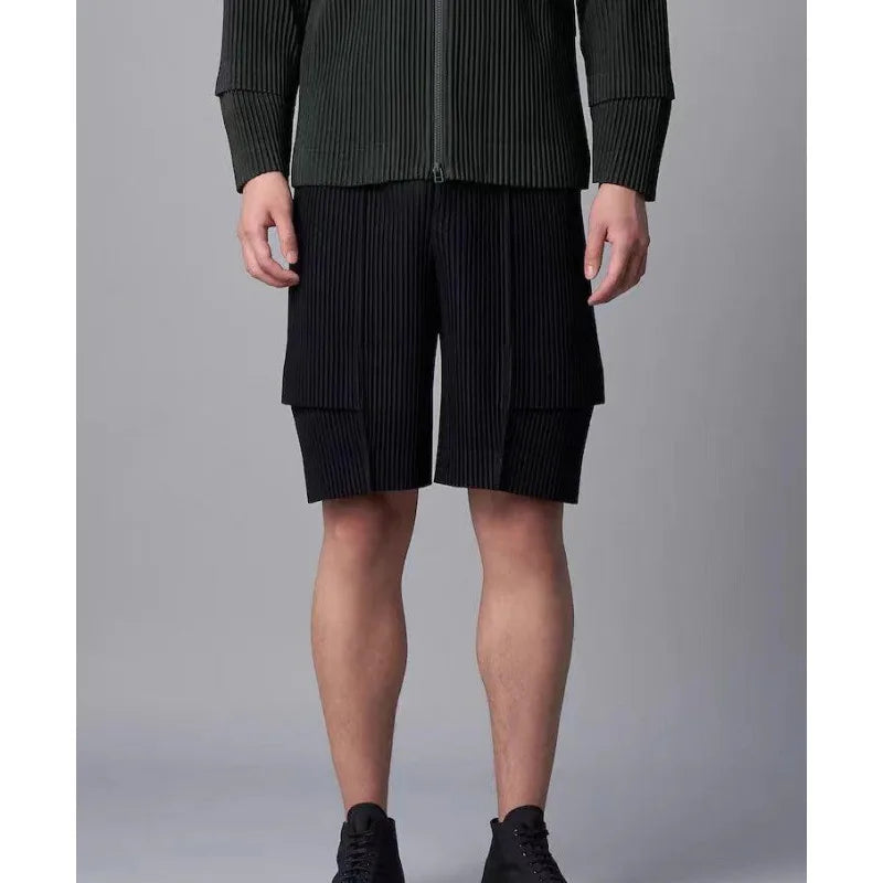 Miyake Pleated Shorts Set Men 2026 Summer New Casual Vest + Elastic Waist High Stretch Cargo Pants 2-Piece Set Unique Versatile