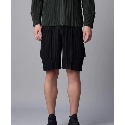 Miyake Pleated Shorts Set Men 2026 Summer New Casual Vest + Elastic Waist High Stretch Cargo Pants 2-Piece Set Unique Versatile