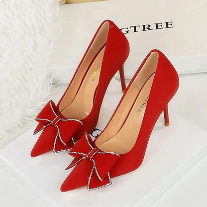 BIGTREE Fashion Korean Version 10cm High Heels Pumps Silk Shallow Pointed Toe Crystal Butterfly BowKnots Lady Red Purple Shoes