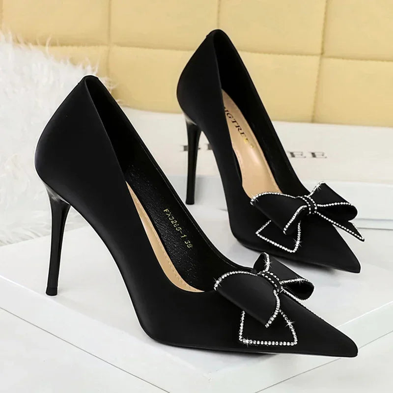 BIGTREE Fashion Korean Version 10cm High Heels Pumps Silk Shallow Pointed Toe Crystal Butterfly BowKnots Lady Red Purple Shoes