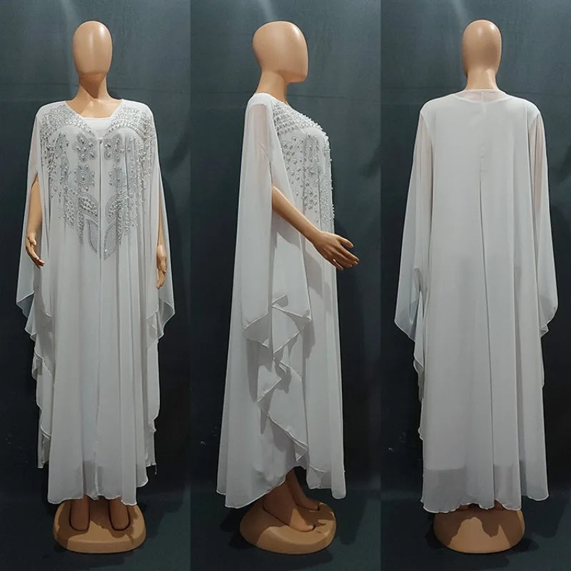 Muslim Dress for Women Loose Batwing Sleeved Beaded Long Abaya Dress Kaftan Abayas Islamic Robe Two Piece Set