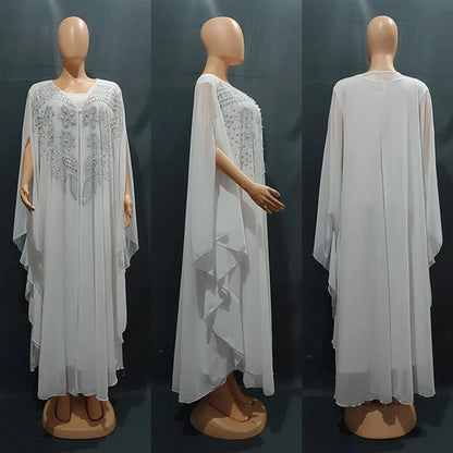 Muslim Dress for Women Loose Batwing Sleeved Beaded Long Abaya Dress Kaftan Abayas Islamic Robe Two Piece Set