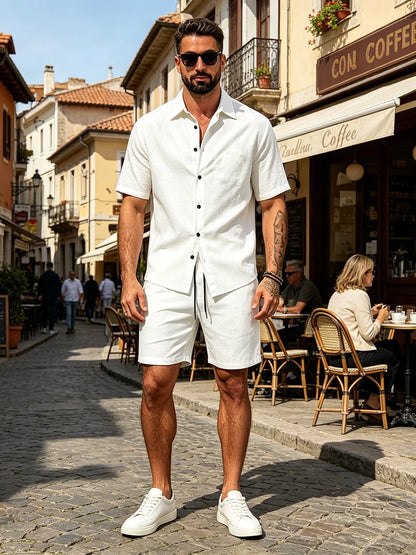 Men Linen Two Piece Outfit Short Sleeve Lapel Button Shirt Elastic Drawstring Shorts Summer Daily Seaside Vacation Casual Set