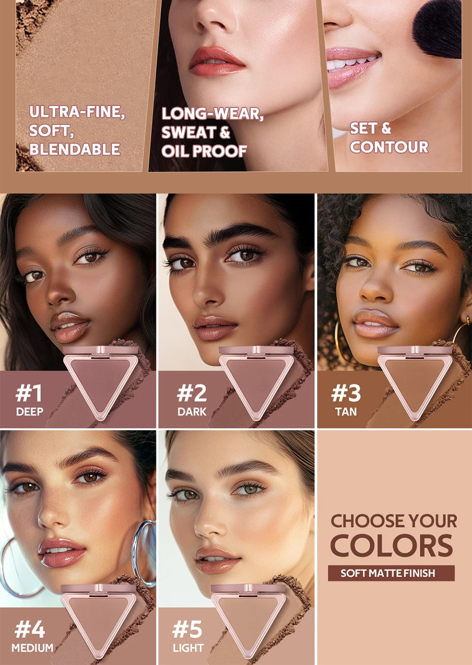 Soft Velvet Matte Bronzer Pressed Powder Long Wear Contour Even Skin Tone Light Setting Powder Natural Tan Shade Face Makeup