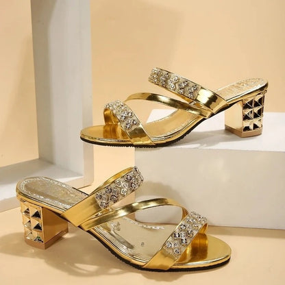 Summer Rhinestones Luxury Women's Sandals Block Medium Heel Female's Slippers with Open Toe Popular New Sexy Footwears