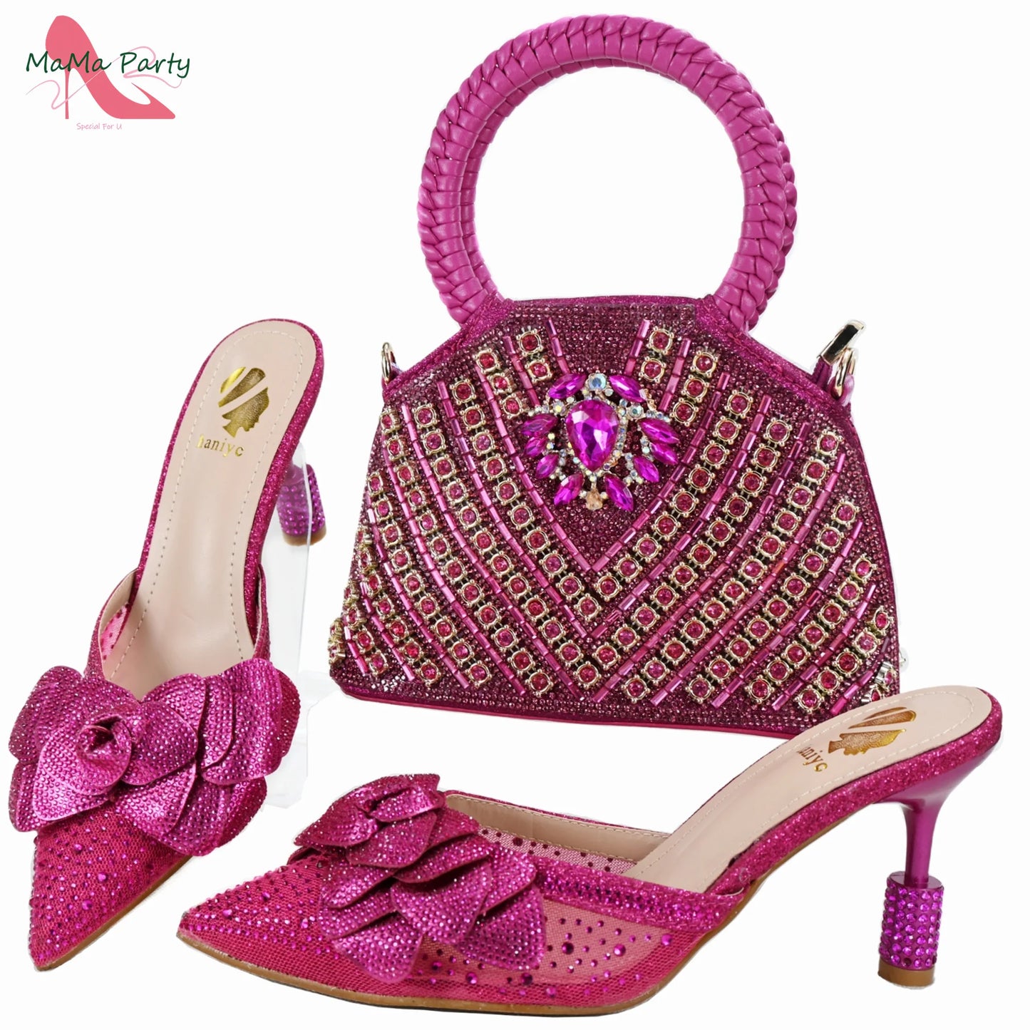 Purple Color New Arrivals Italian Design Nigerian Women Shoes and Bag Set Pointed Toe Slipper with Shinning Crystal for Party