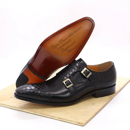 Men's Dress Shoes Size 39-46 Genuine Leather Double Buckle Monk Strap Snake Print Cap Toe Classic Italian Style