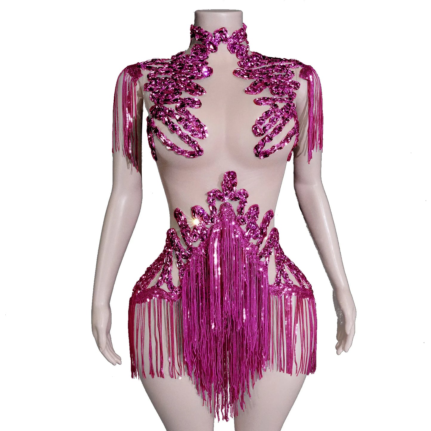 Sexy Mesh Sheer Black Rhinestone Tassel Bodysuit Women Singer Dancer Stage Show Outfit Nightclub Leotard Party Performance Wear