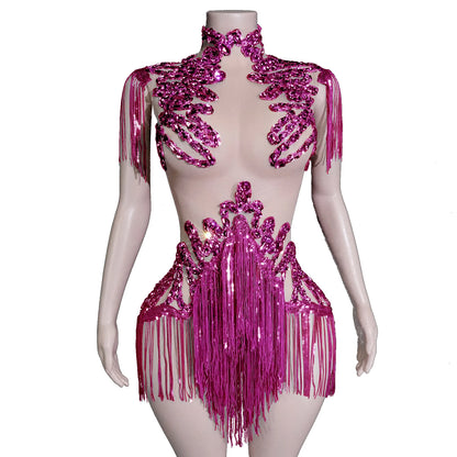 Sexy Mesh Sheer Black Rhinestone Tassel Bodysuit Women Singer Dancer Stage Show Outfit Nightclub Leotard Party Performance Wear