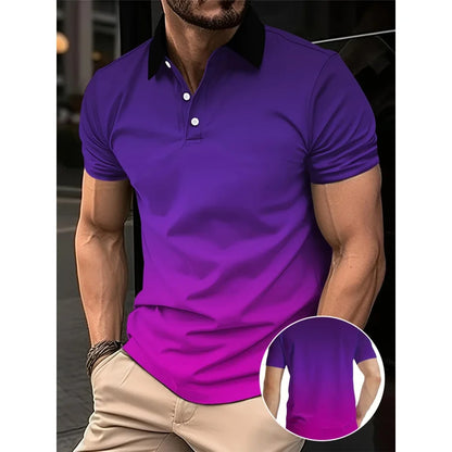 Men's fashion gradient color shirt polo lapel golf shirt short-sleeved printed button clothing, fashionable design, casual and b