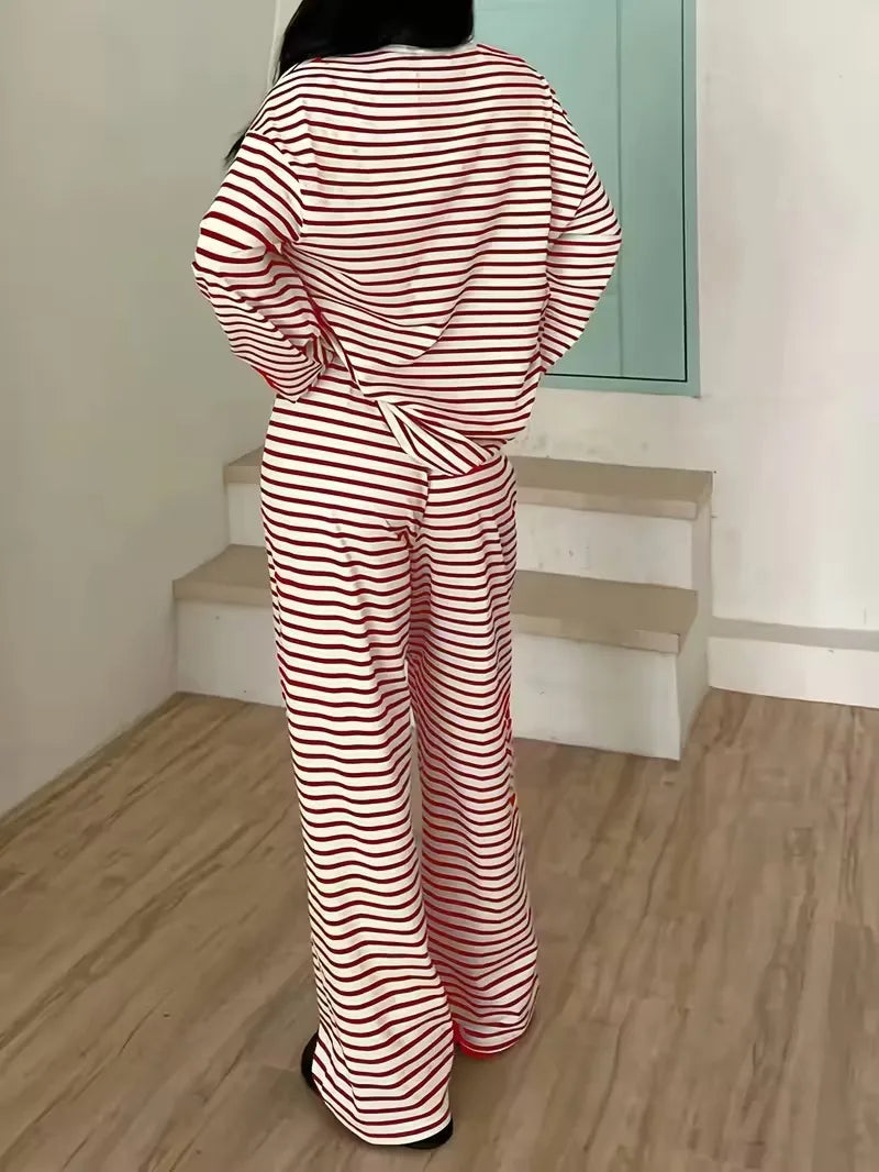 New Simple Striped Suit Simple  Loose Comfortable Lazy Style Long-sleeved Round Neck Pullover Top Lace-up Trousers Two-piece Set