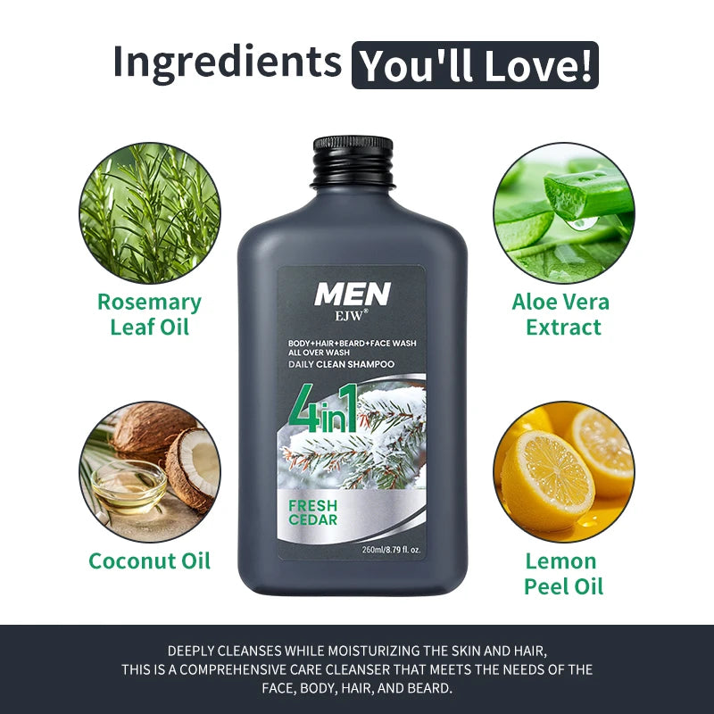 Men 4-in-1 Body, Hair, Beard and Face Wash - Hydrates Skin, Beard and Hair All Day, Strengthen Hair and Beard, Gift for He..