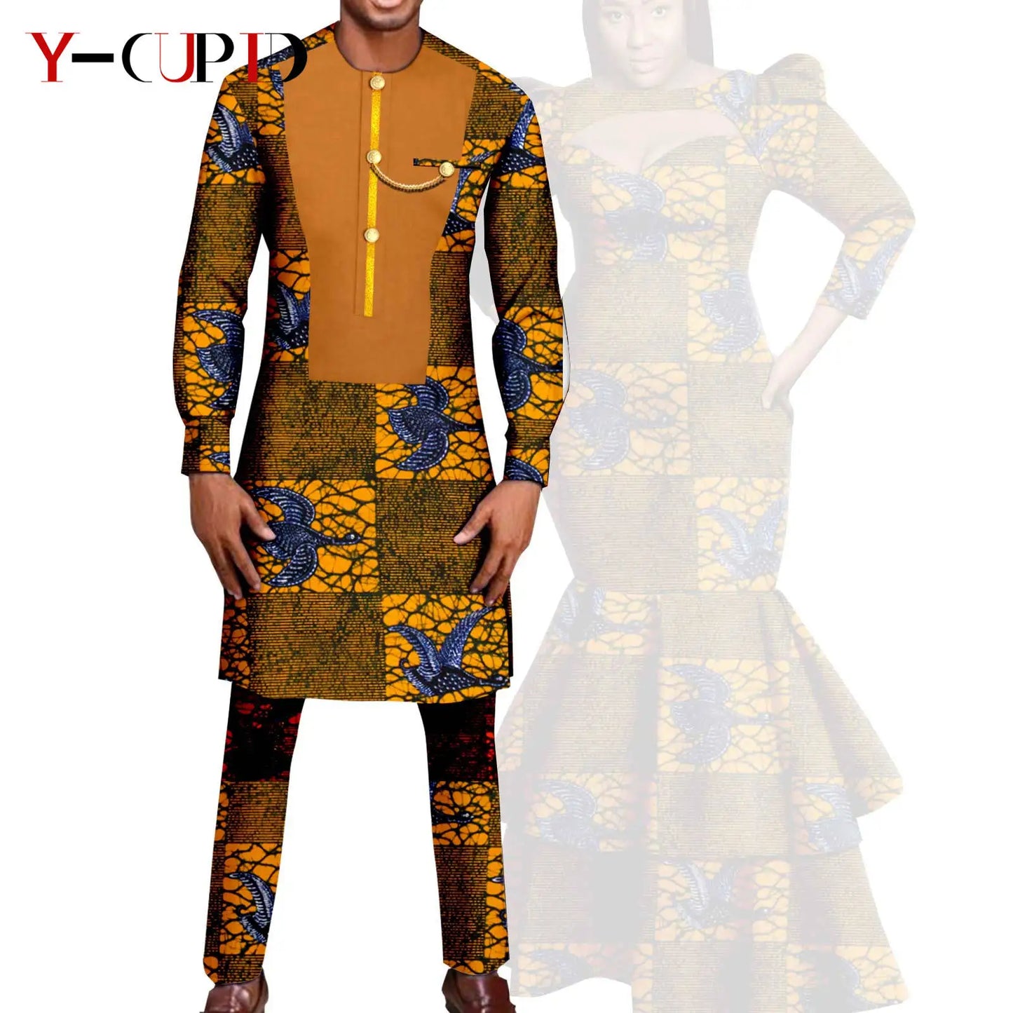African Print Long Dresses for Women Matching Men Outfit Dashiki Top and Pant Sets Couples Clothes Kaftan Party Outwear Y23C054