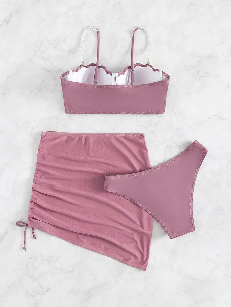 2025 New Sexy Three-piece Bikini Women Solid Drawstring Skirt Swimsuit Sling Backless Swimwear Tight Gathered Beach Bathing Suit