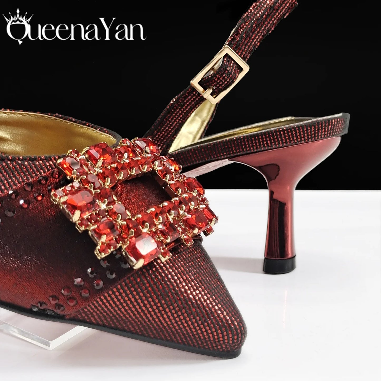 Queena Yan Nigeria Elegant Noble Party Wedding Shoes And Bag Pointed Toe Decorated With Rhinestone Women Heel Shoes
