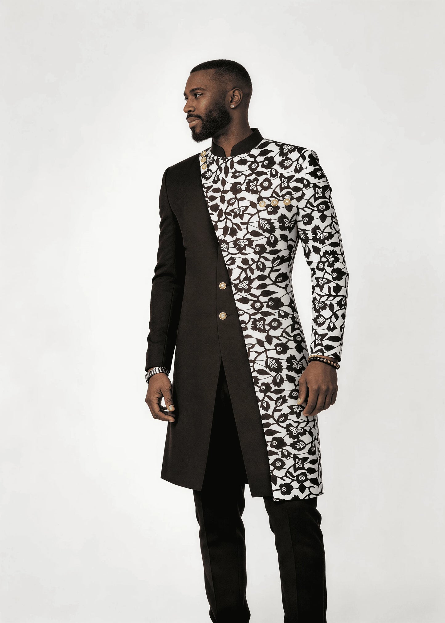 Men’s Black Solid & B&W Floral Patchwork Formal Wear Set Stand Collar 2 Piece Wedding Groom Tunic Jacket & Pants Prom Homecoming