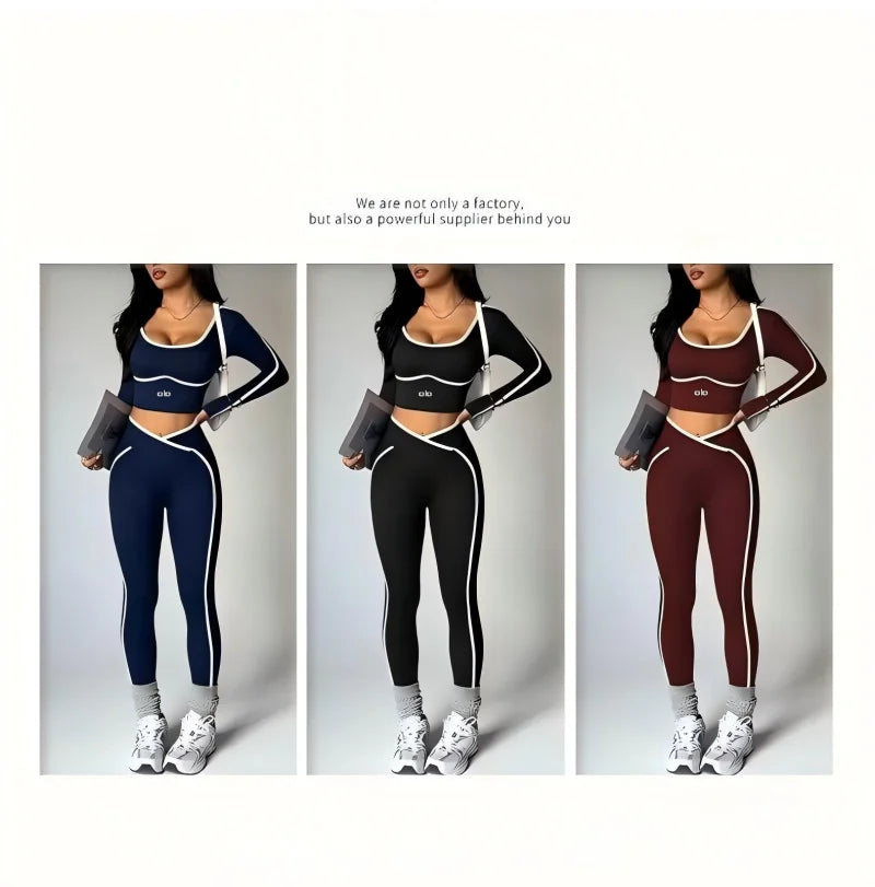 2026 Popular Color Blocking Yoga Set, Tight Yoga Long Sleeved Pants V Waist and Hip Lifting Tight Yoga Pants Luxury Set