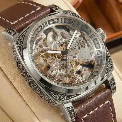 A MEN'S Black Zinc Alloy Business Style Luminous Carved Fully Automatic Tourbillon Hollow Mechanical Watch