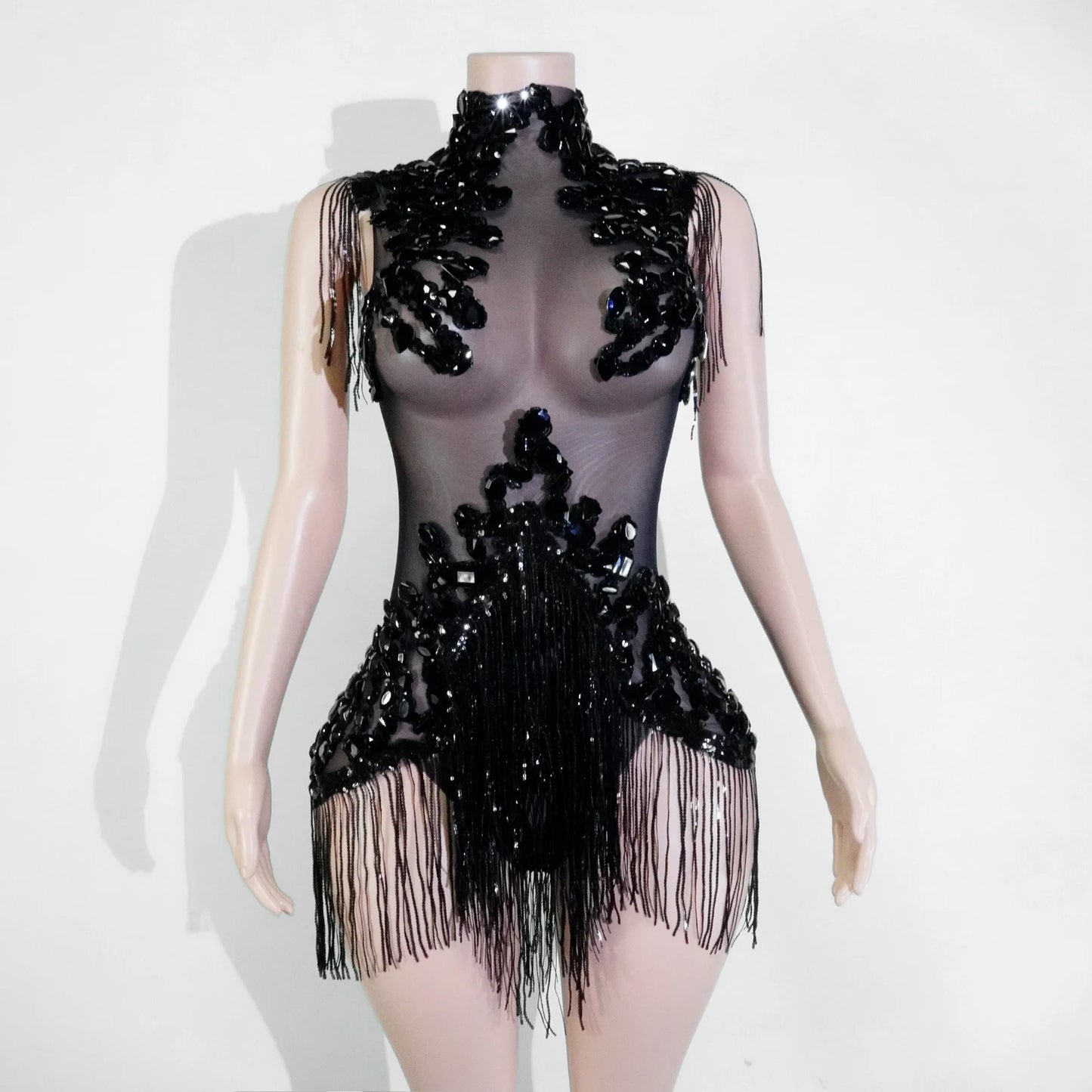 Sexy Mesh Sheer Black Rhinestone Tassel Bodysuit Women Singer Dancer Stage Show Outfit Nightclub Leotard Party Performance Wear