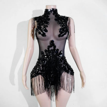 Sexy Mesh Sheer Black Rhinestone Tassel Bodysuit Women Singer Dancer Stage Show Outfit Nightclub Leotard Party Performance Wear
