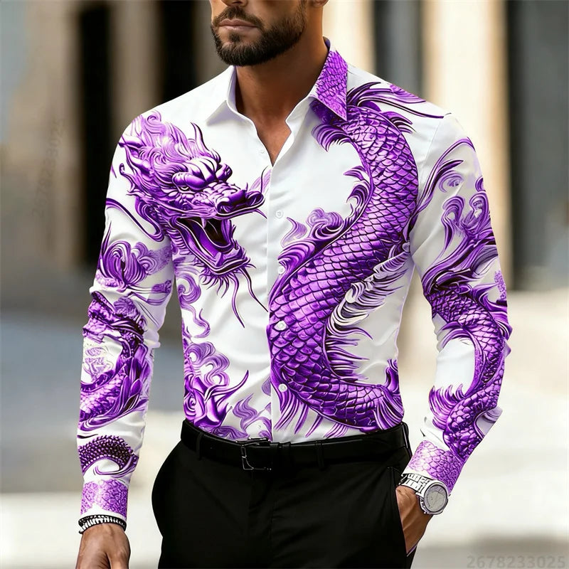 Men's shirt long sleeve shirt Chinese dragon HD pattern 3D printing lapel fashion casual street top, high quality fabric