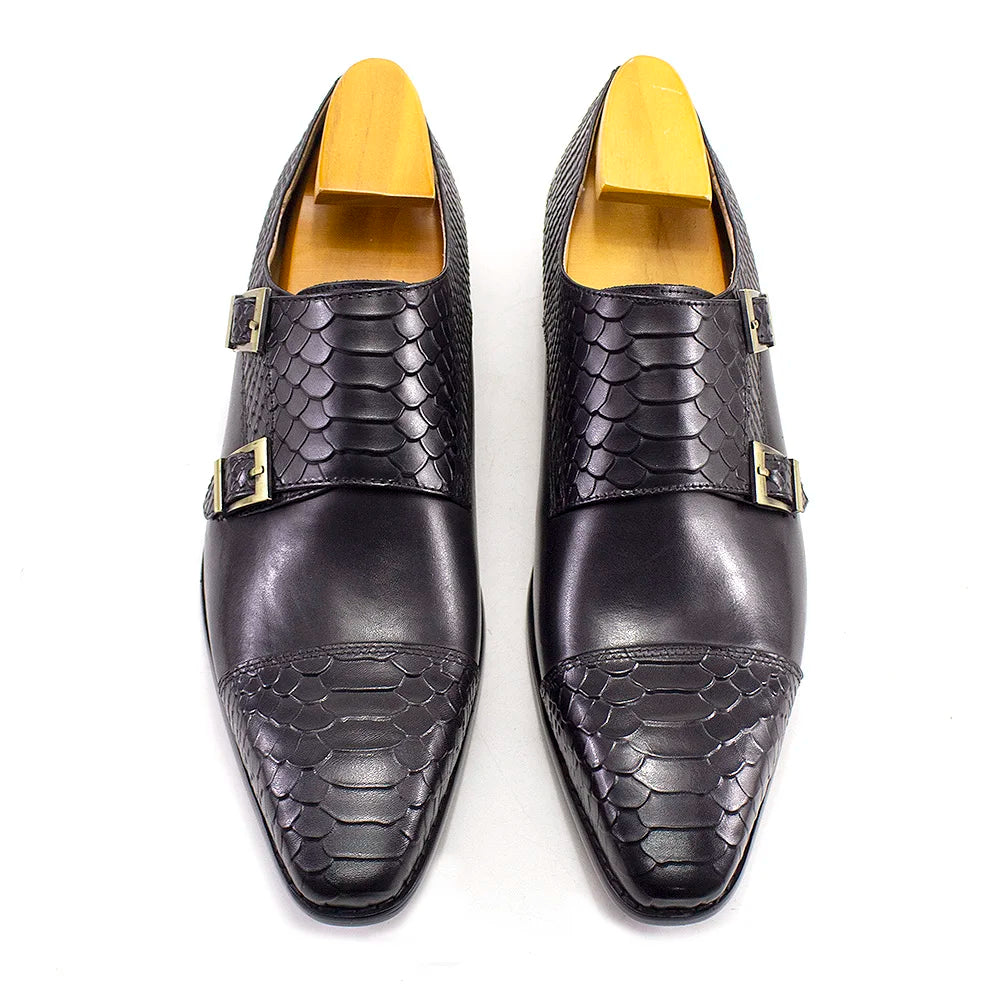 Luxury Double Buckle Monk Strap Men's Dress Shoes Genuine Leather Classic Crocodile Pattern Formal Business Office Footwear