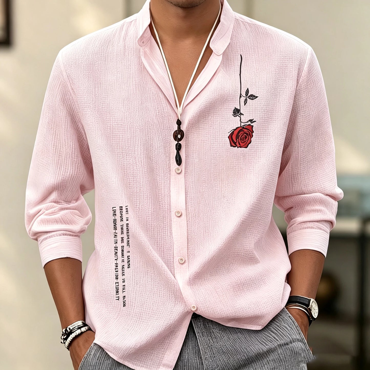 Men's stand-up collar three-quarter sleeve shirt, short print breathable shirt, loose-fitting cardigan for summer vacation.