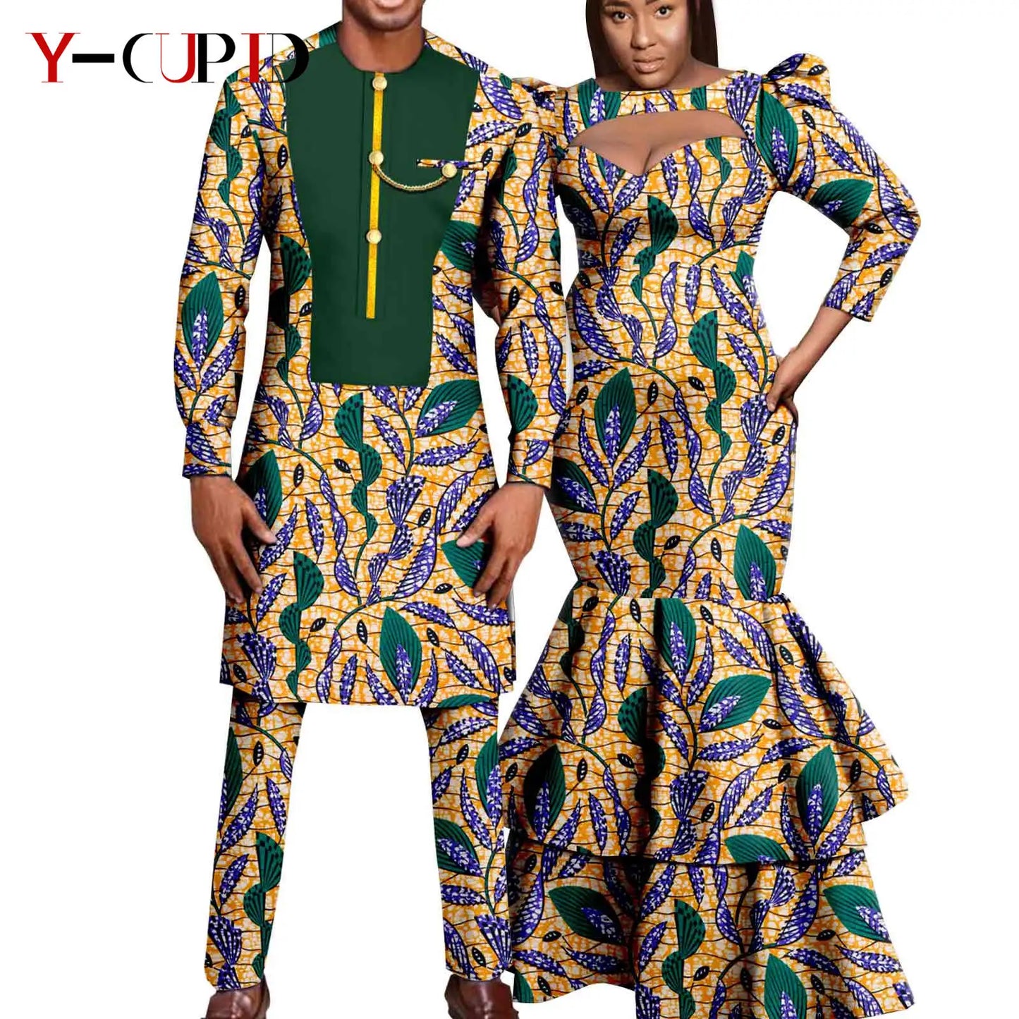 African Print Long Dresses for Women Matching Men Outfit Dashiki Top and Pant Sets Couples Clothes Kaftan Party Outwear Y23C054