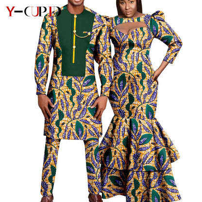 African Print Long Dresses for Women Matching Men Outfit Dashiki Top and Pant Sets Couples Clothes Kaftan Party Outwear Y23C054