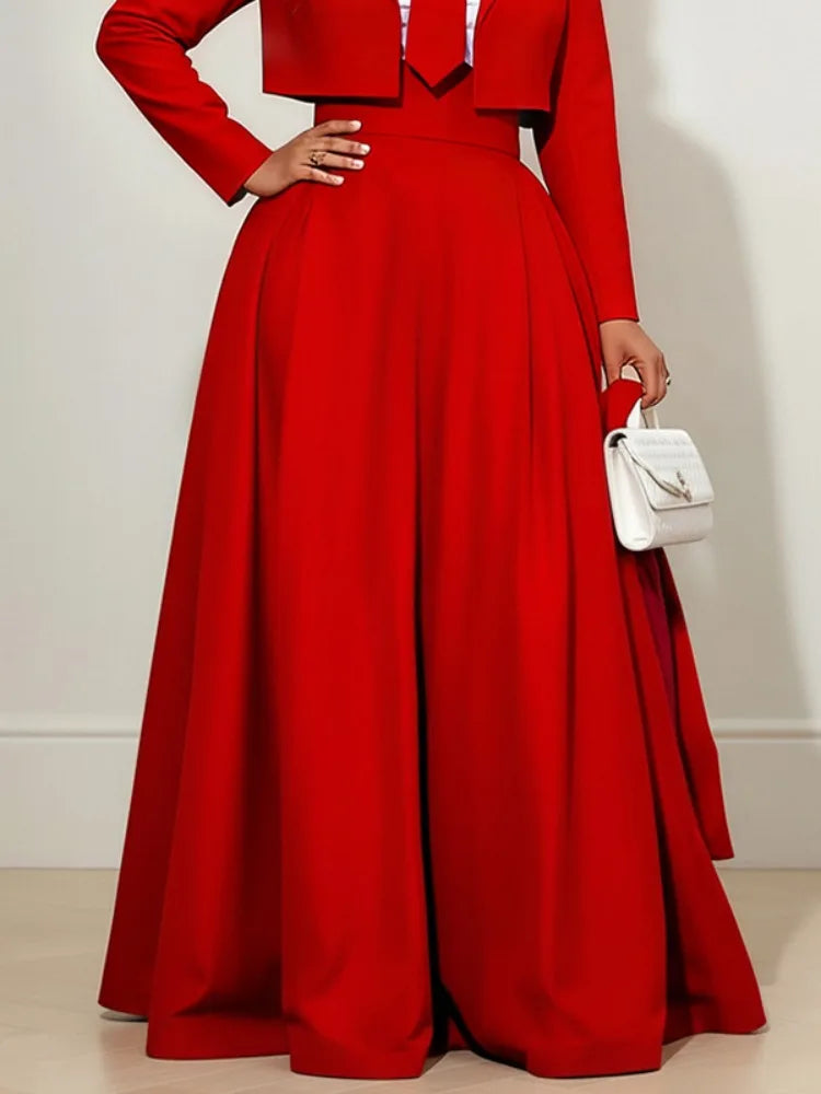 Freeacy Women's Solid Red High Waist Wide Leg Floor Length Pants Flowing Pleated Formal Evening Wear Trousers Matching Bottoms