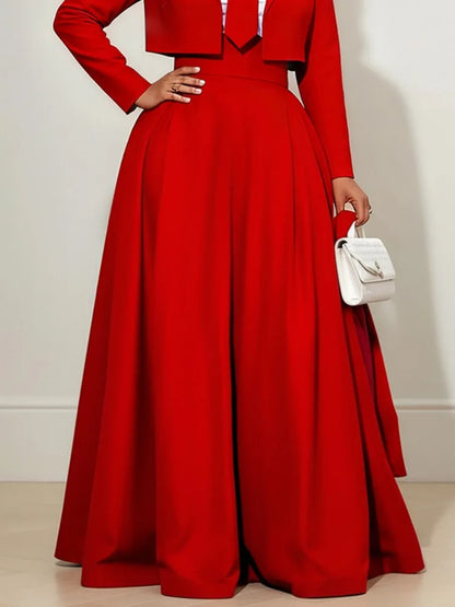 Freeacy Women's Solid Red High Waist Wide Leg Floor Length Pants Flowing Pleated Formal Evening Wear Trousers Matching Bottoms