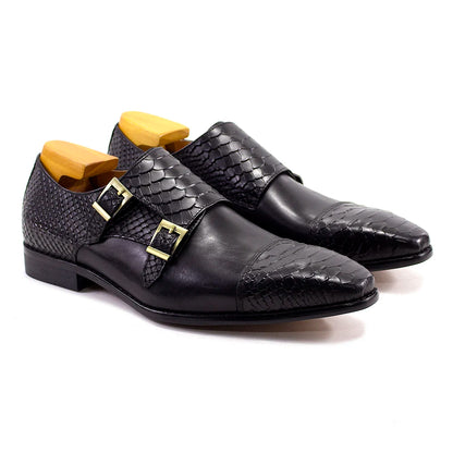 Luxury Double Buckle Monk Strap Men's Dress Shoes Genuine Leather Classic Crocodile Pattern Formal Business Office Footwear