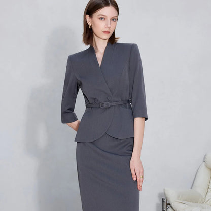 Two-Piece Suit For Women, Navy Blue Luxury Fashion Workplace Two-Piece Skirt Set, Minimalist Elegant Three-Quarter Sleeve Design
